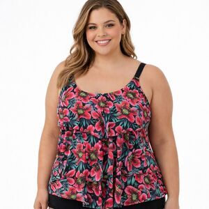 Beach Party Swimwear Floral Tankini Top Women’s Size 18 Ruffle Tiered Swim Top